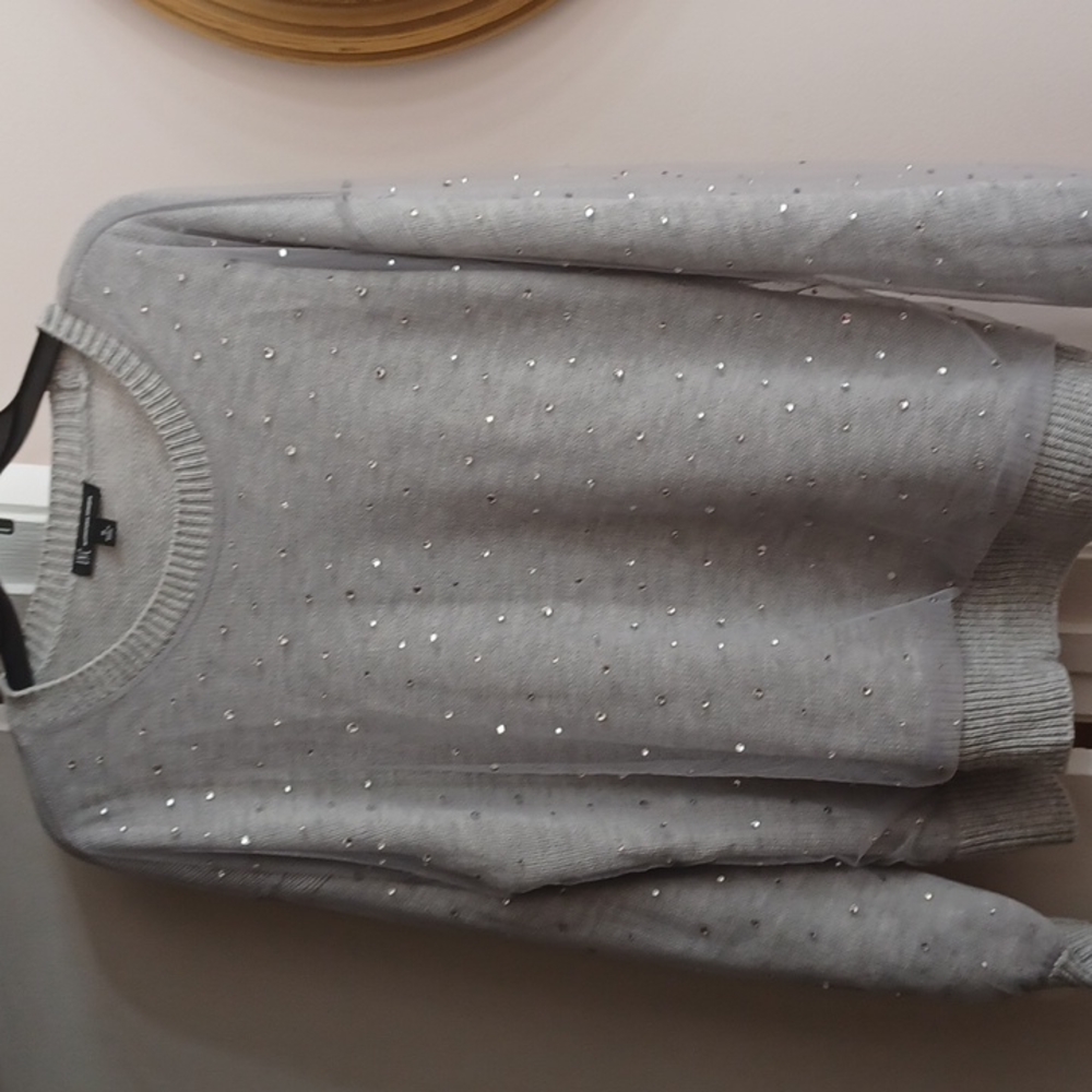 INC Gray Sweater with Tulle and Crystals NWOT - Picture 2 of 6